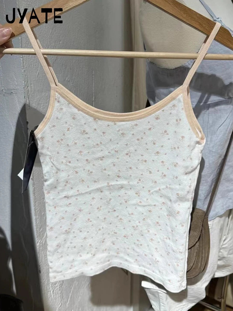Pink Floral Print Lace Trim Tank Tops Women Summer New Cotton Bow Casual Chic Simple Camisole Girl Sweet Cute Vintage Vests Y2K