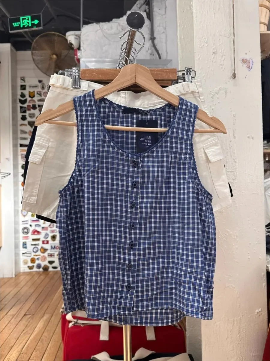 Vintage Blue Plaid Lace Trim Tank Top Woman Summer Round Neck Sleeveless Single Breasted Vest Female Preppy Style Crop Tops Y2K