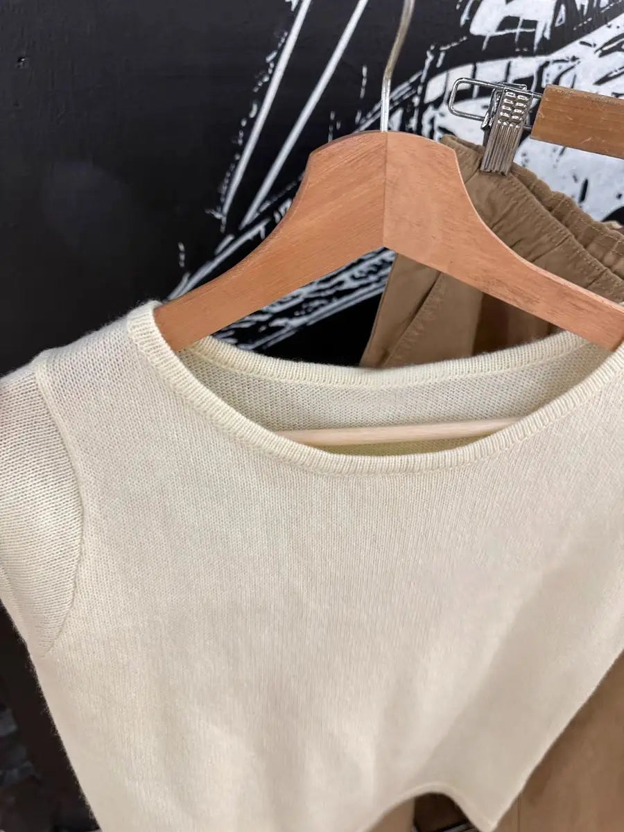 New Beige Knitted Slim Crop Top Women Summer Casual Chic Round Neck Sleeveless Cotton Camisole Simple Sweet Basic Vest Y2K Tops