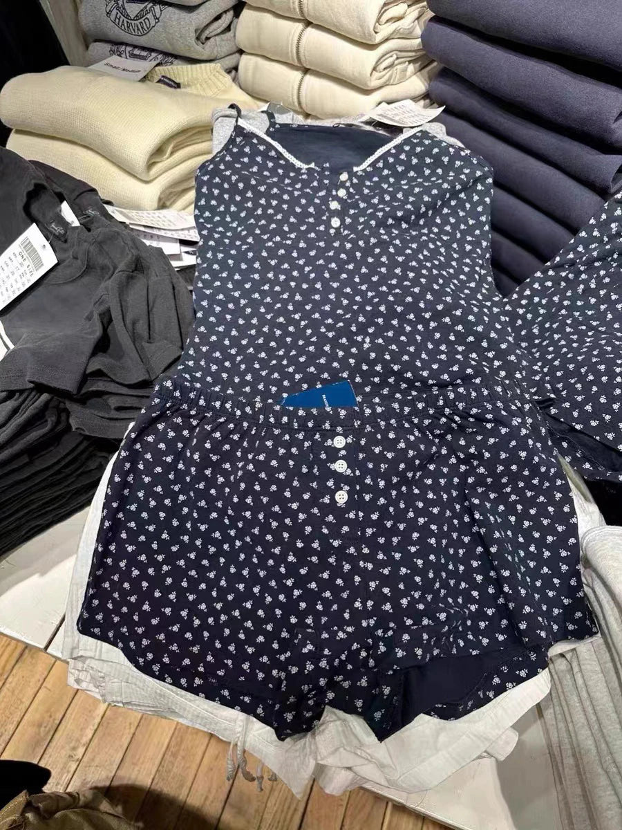 Sweet Retro Floral Buttons Camis Women Summer New Fashion Navy Blue Lace Trim Tank Tops Female Vintage Harajuku Chic Vests Y2K