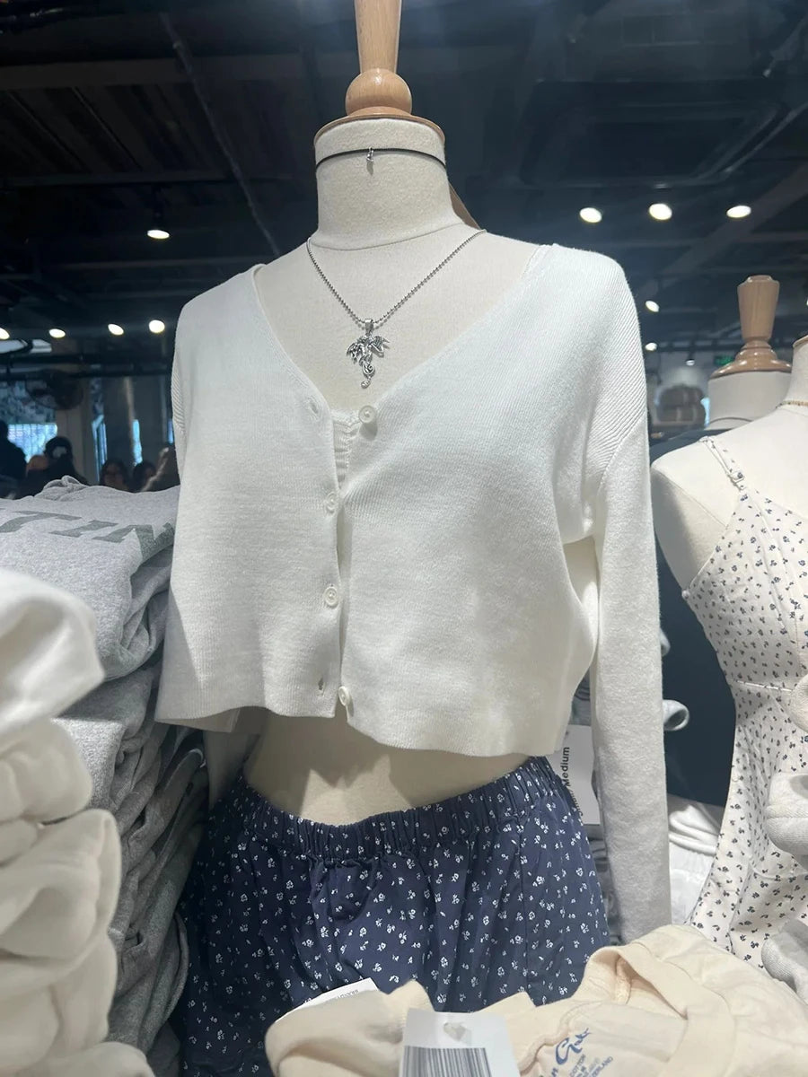 Sweet White Knit Cropped Long Sleeve T-shirt Women V-Neck Single Breasted Cotton Short Cardigan Casual Street Chic Crop Top Y2K