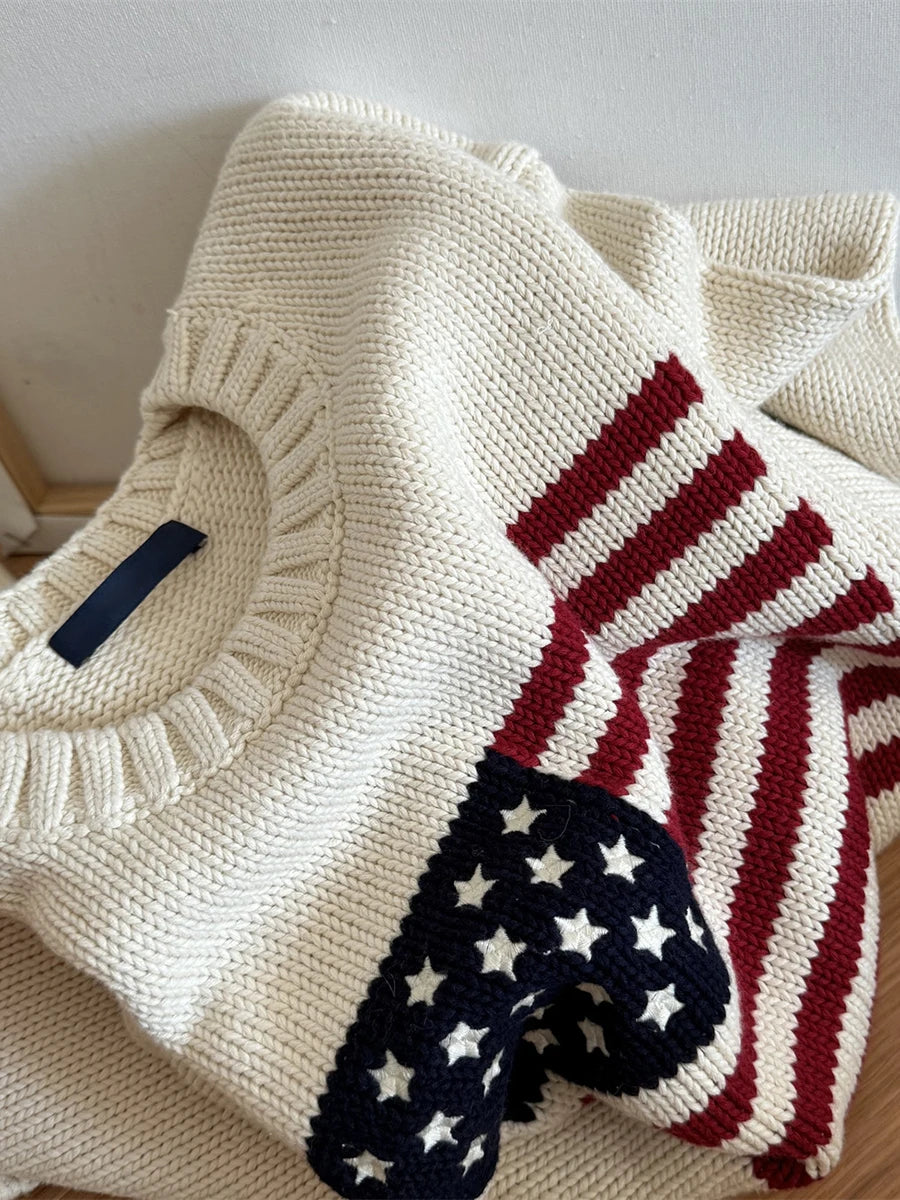 Retro Flag Jacquard Graphic Sweater Women Crew Neck Long Sleeve Jumper American Vintage Preppy Style Knitted Tops Pullover  Y2K