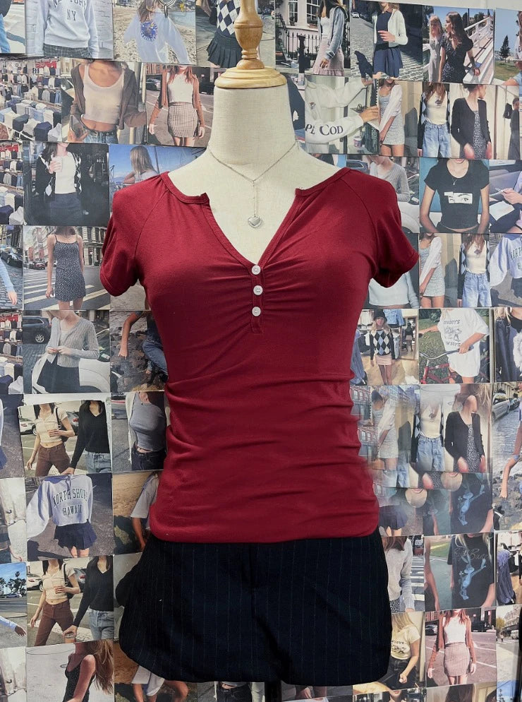 Sweet Pink V-neck Buttons Fold T-shirts Women Summer Casual Cotton Slim Short Sleeve Tee Simple Cute All-match Tshirt Y2K Tops