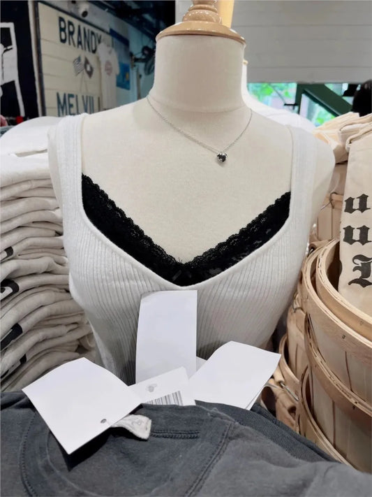 Casual White Knitted V-neck Slim Crop Top Woman Simple Sleeveless Cotton Cropped Camisole Female Basic Cute All-match Tank Tops