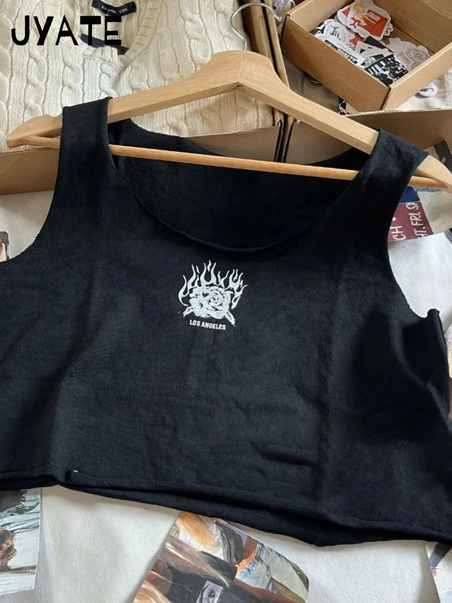Harajuku Rose Print Raw Hem Crop Tops Women Summer New O-neck Cotton Soft Streetwear Cropped Vests American Casual Tank Tops Y2K