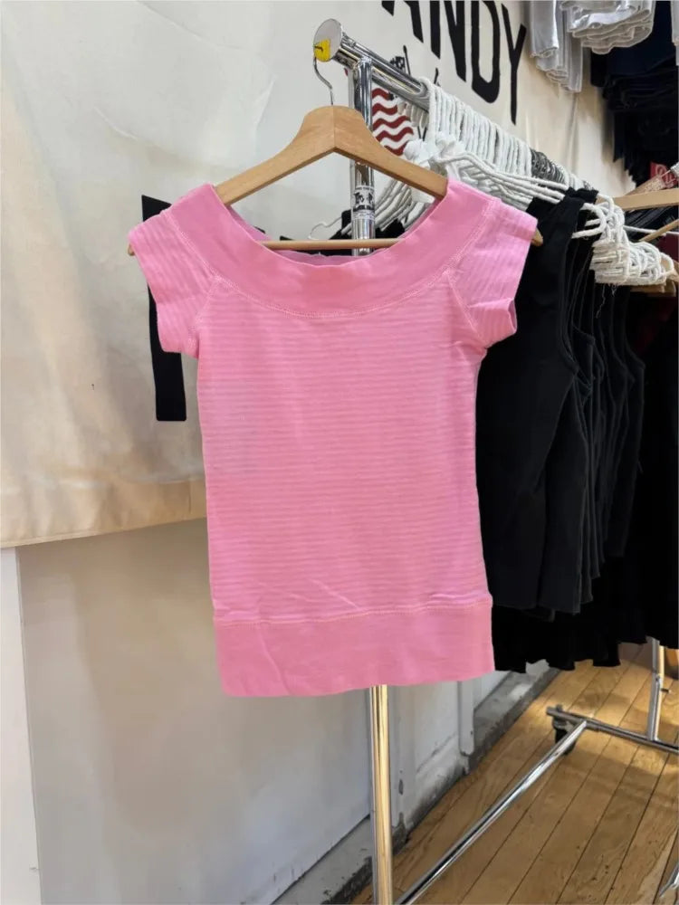 Pink Pinstripes Slash Neck Tee Shirts Women Casual Short Raglan sleeve Cotton Slim Tshirts Sweet Cute Preppy Style T-shirts Y2K