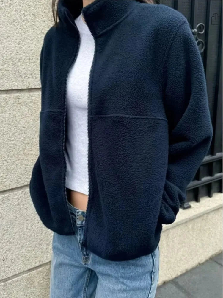 Navy Lambskin Cropped Zipper Thick Coats Women Autumn Turn Down Collar Preppy Style Jacket Simple Streetwear Chic Outerwear