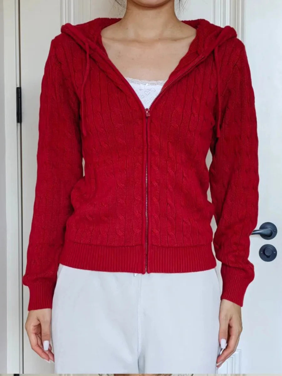OOTD Red Twisted Flower Hooded Zipper Coat Women Fall Winter Long Sleeve Pocket Knit Cardigan Sweater Vintage Chic Knitwear