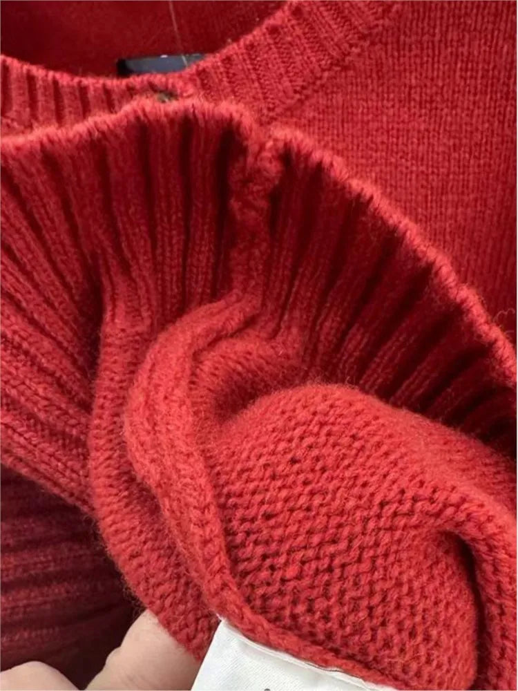 Christmas Red Knitted Sweater Cardigan Autumn Round Neck Single Breasted Cotton Knitwear Casual Vintage Chic Y2K Sweaters Coat