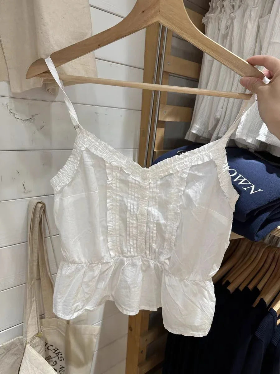 New Ruffles White Slim Crop Top Women Summer Sexy V-neck Buttons Cotton Sleeveless Cropped Camis Vintage Sweet Tank Tops Y2K