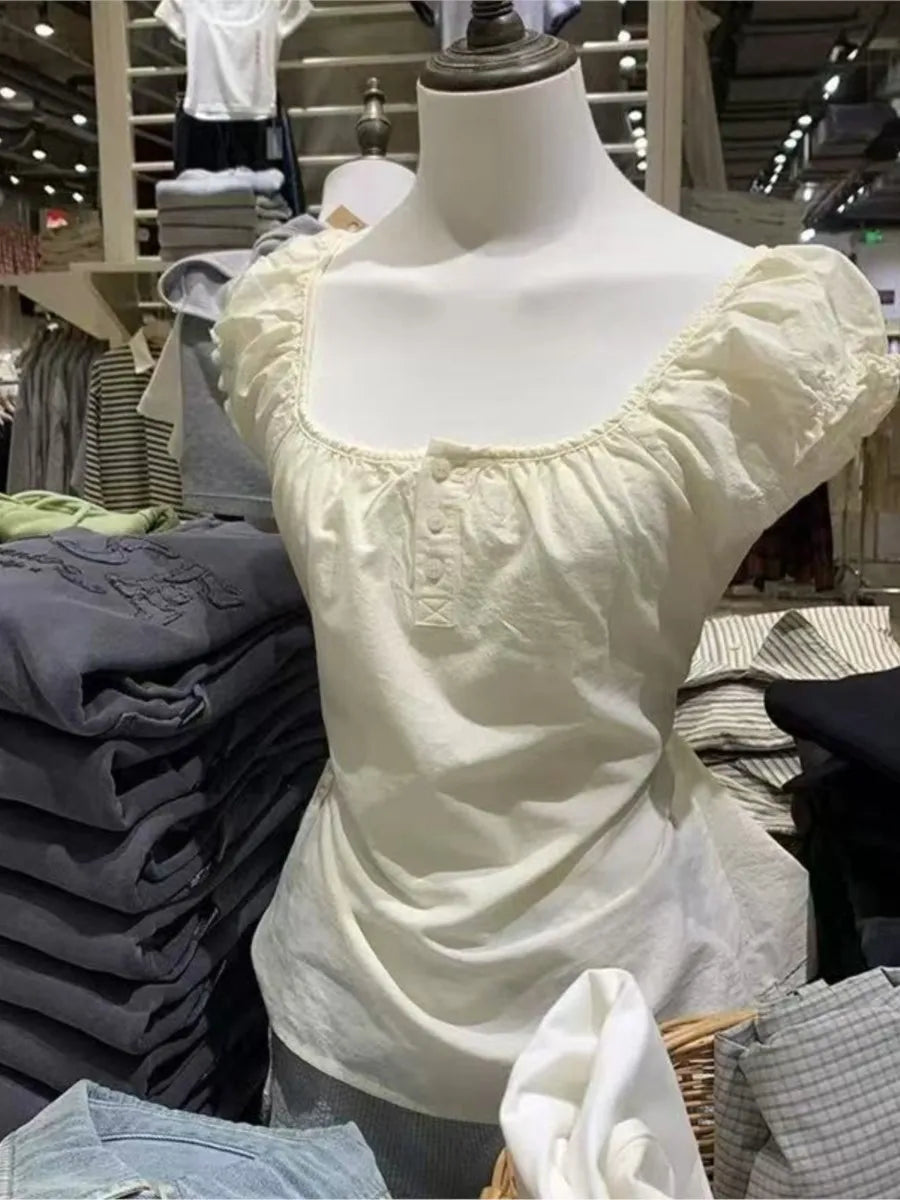 Yellow  Lace-up Ruffles Sleeve Tees Women Summer Simple Casual Flax Cotton U-neck Buttons Tops Sweet Cute Preppy Style T-shirts