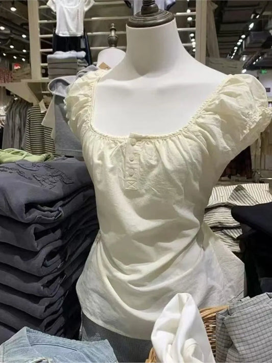 Yellow  Lace-up Ruffles Sleeve Tees Women Summer Simple Casual Flax Cotton U-neck Buttons Tops Sweet Cute Preppy Style T-shirts