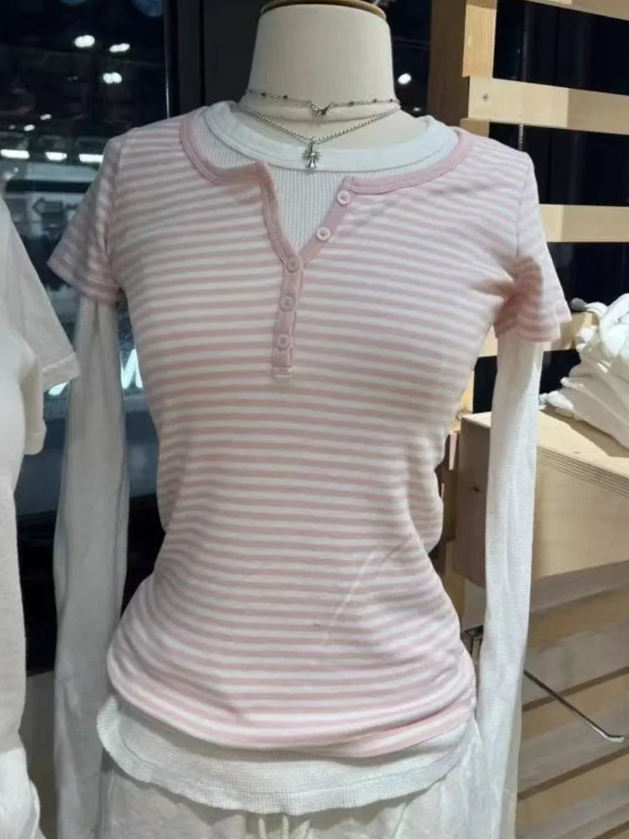 Pink Striped Slim Buttons T-shirts Women New Cotton O-neck Casual Simple Basic Short Sleeve Tees Sweet Cute Girls Tshirt Y2K Top