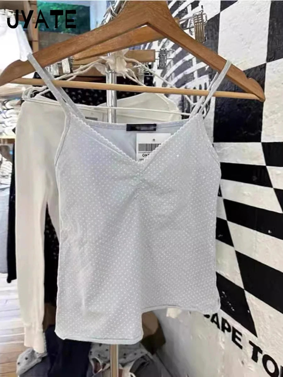 Blue Polka Dots Print Folds Camisole Women New Cotton Simple Casual Lace Trim Sleeveless Vests Sweet Cute Vintage Tank Tops Y2K