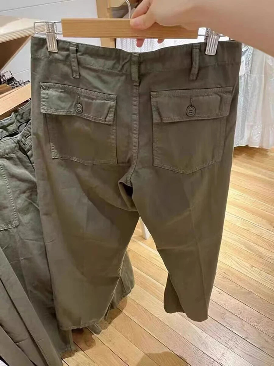 Vintage Army Green Retro Pockets Low Waist Straight Pants Women Spring Streetwear Casual Cargo Pant Harajuku Baggy Y2K Trousers