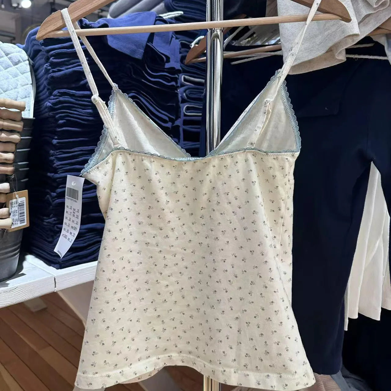 Blue Floral Print Fungus Trim Tank Tops Women Casual Cotton Slim V-neck Sleeveless Bow Camisole Sweet Cute Preppy Style Crop Top