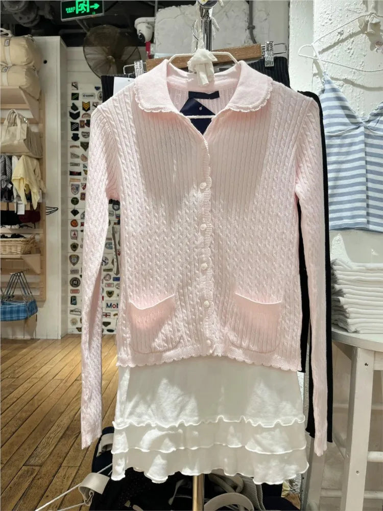 Babydoll Collar Pink Twist Cardigan Women Autumn New Lace Trim Cotton Buttons Knitted Jumper Sweet Cute Preppy Style Sweater Y2K