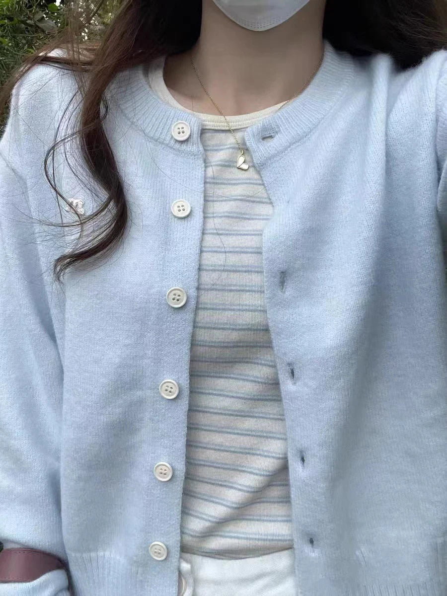 Light Blue Knitted Cardigans Women Casual Cotton Preppy Style Button Sweater Coats Cute Female Vintage Loose Sweet Cardigan Tops