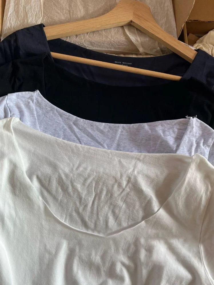 Simple Basic Raw Trim Thin Slim Long Sleeve T-Shirts Women Autumn Sexy Scoop Neck Cotton T Shirt Female Vintage Casual Tees Y2K