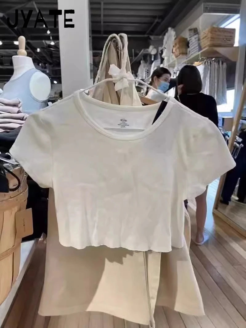 White Raw Hem Simple Crop Tops Women 2024 New Cotton Casual Cute Preppy Style Short Sleeve Tees Vintage Basic Chic T-shirts Y2K