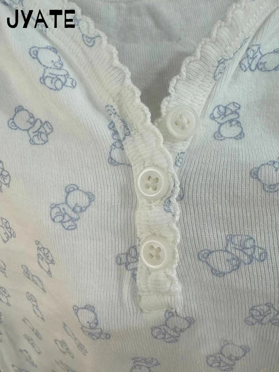 Sweet Bear Print Buttons V-neck Camis Women New Casual Cotton Soft Pajama Sleeveless Vests Cute Vintage Preppy Style Tank Tops
