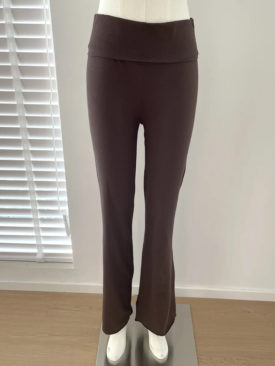 Solid Skinny Cotton T-shirt Pant Set Woman O-neck Long Sleeve Tee+Foldover Flare Yoga Pant Sport 2 Piece Sets Can mix and match