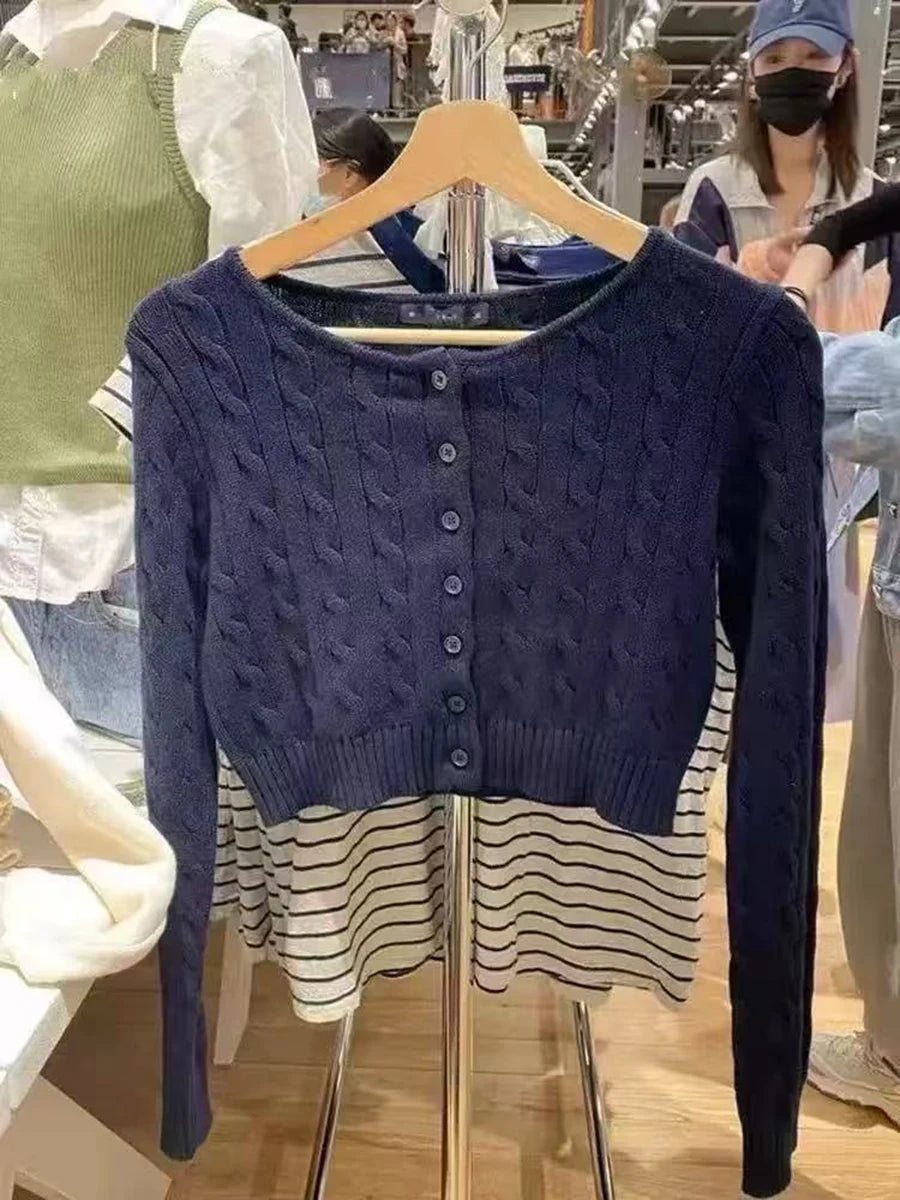 Drak Green O-neck Knit Cardigan Women Spring Cotton Casual Streetwear Slim Cropped Sweaters Vintage Simple Sweet Kniitwear Y2K
