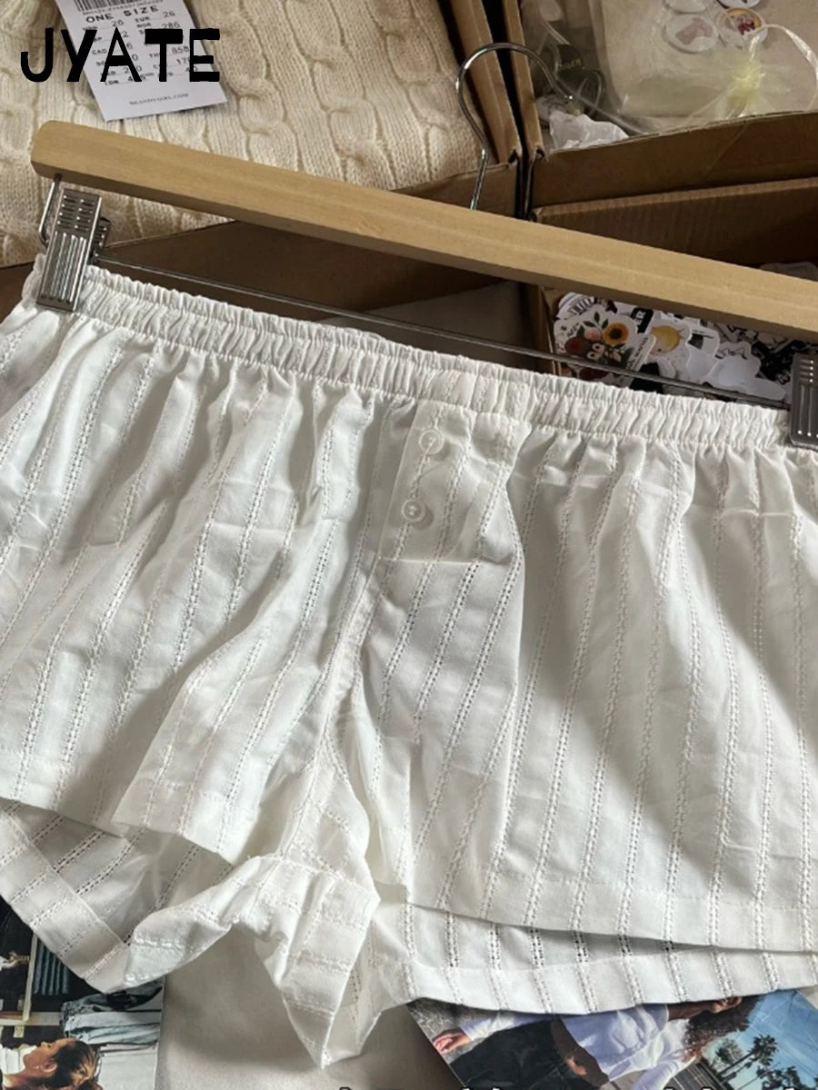 White Striped Cotton Pajama Shorts Women New Simple Casual Loose Elastic High Waist Short Pant Sweet Preppy Style Home Underwear