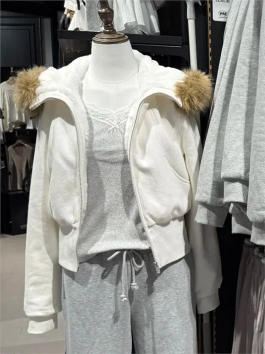 Fleece Lined Plush Hooded Coat Women Autumn Casual Slim Pocket Cotton Warm Fur Collar Crop Tops Sweet Preppy Style Chic Cardigan