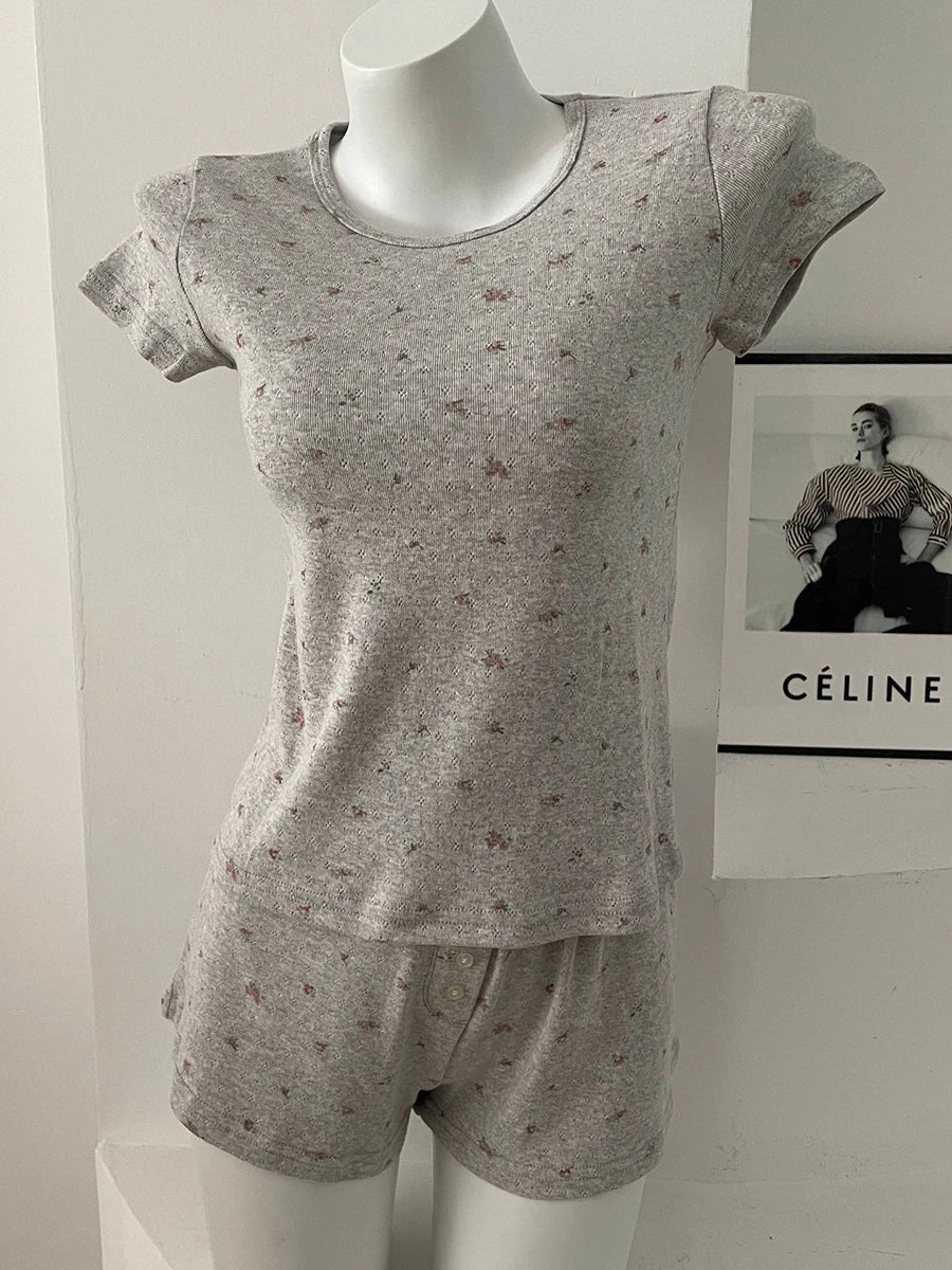 Eyelet Floral Print T-shirt Shorts Outfit Women Cotton O-neck Slim Tees +Buttons Straight Sweatshort Sweet Home 2 Pieces Set New