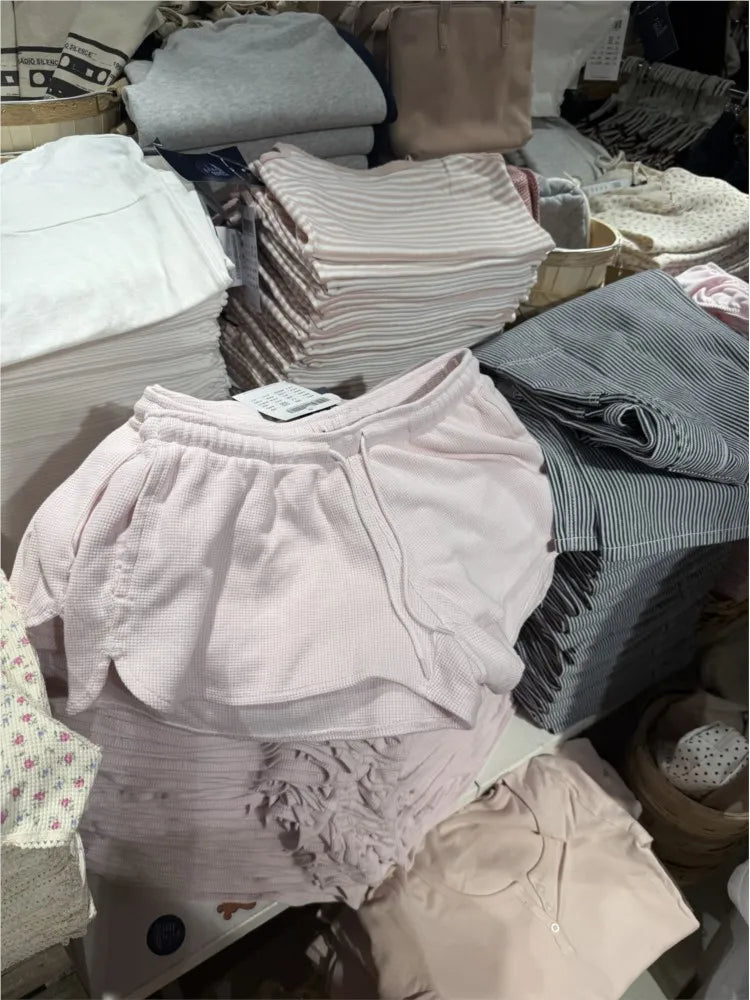 Sweet Pink Waffle Sports Shorts Women New Casual Pockets Drawstring Elastic High Waist Short Cute Preppy Style Short Pants Y2K