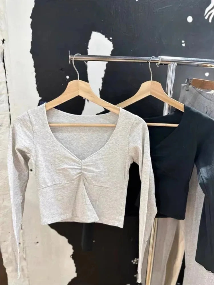 Sweet Gray Folds V-neck Slim Long Sleeve Tees Women Spring New Cotton Soft Simple Basic Crop Tops Vintage Cute Chic T-shirts Y2K