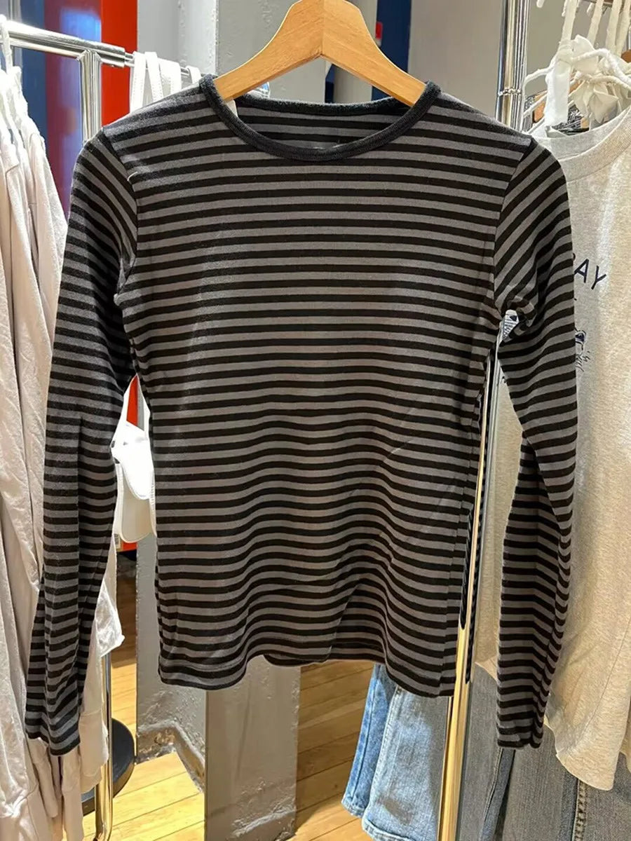 Vintage Striped Long Sleeve T-shirt Woman Spring New Y2K O-Neck Cotton Slim Tshirts Tops Female Cute Preppy Style Tee Shirts