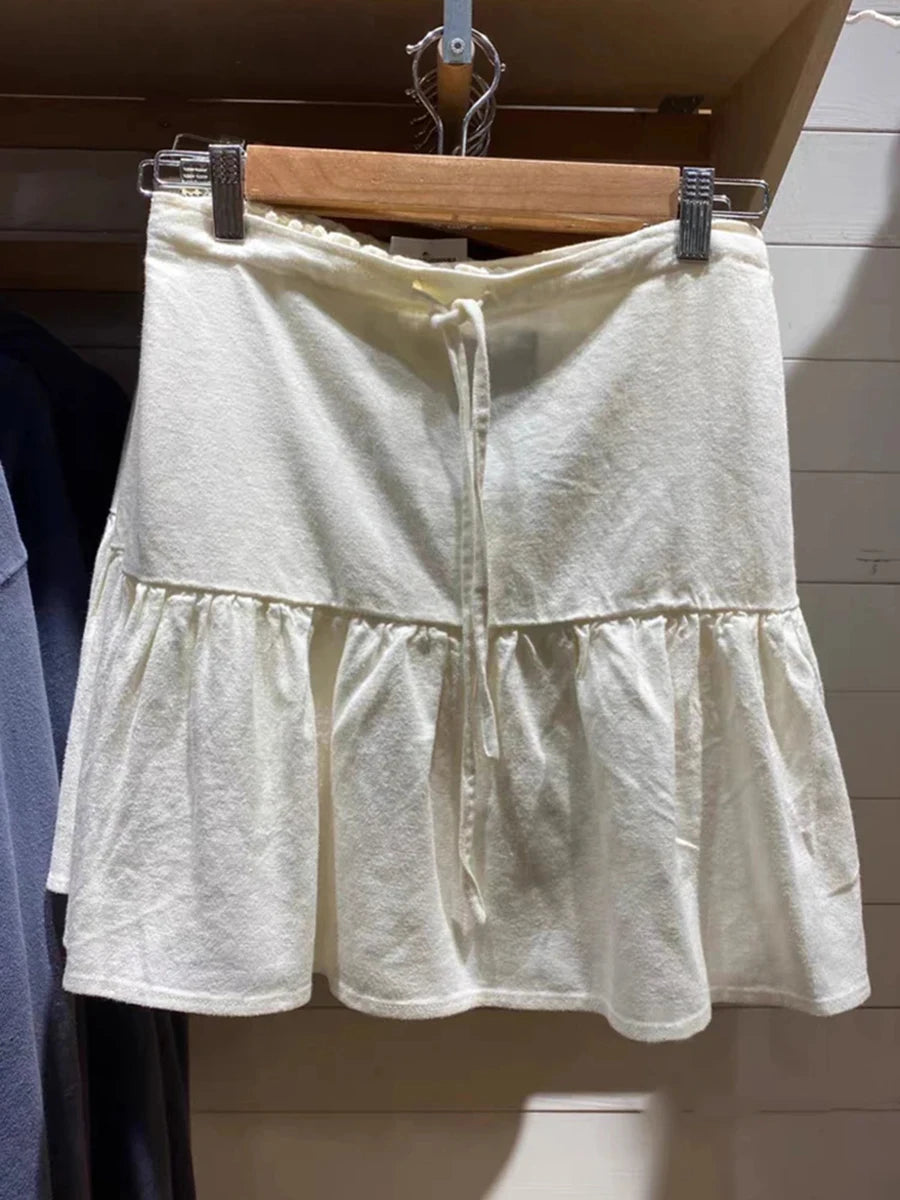 Simple Sweet Waffle A-line Skirts Women Summer New Casual Solid Lace-up High Waist Mini Skirts Streetwear Vintage Chic Y2K Falda