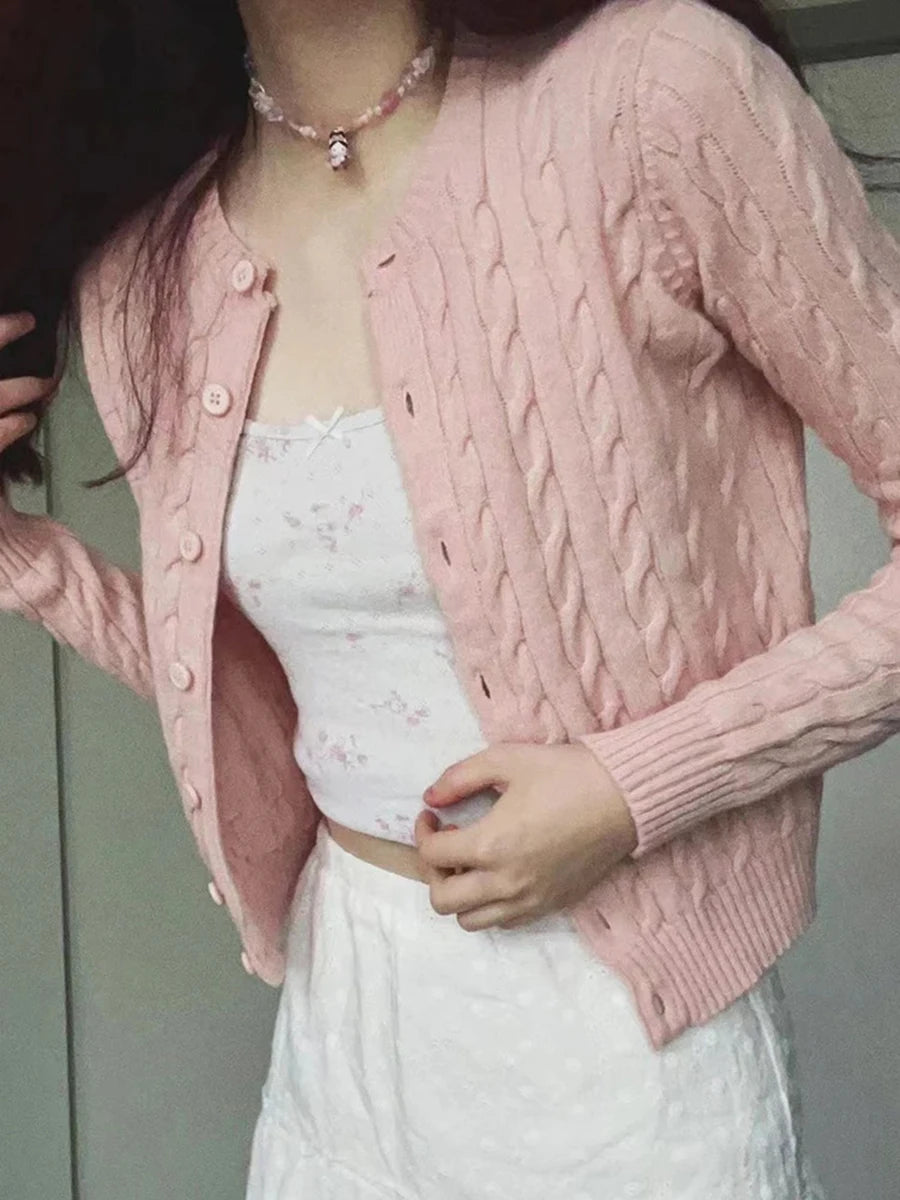 Pink Sweet Twisted Flower Slim Sweater Women Autumn Cotton Soft Single-Breasted Casual Jumper Outerwear Vintage Chic Cardigans