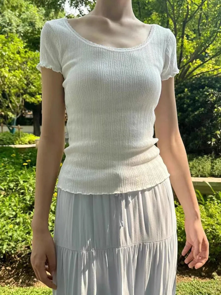 Textured Ruffle White Slim T-shirt Women Summer Lace Trim Scoop Neck Cotton Short Sleeve Tees Cute Sweet Preppy Style T-shirts