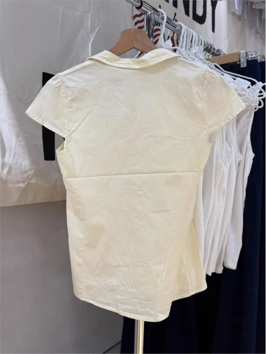 Butter Yellow T-Shirts Blouse Women Summer Turn Down Collar Single Breasted Short Sleeve Tees Sweet Cute Vintage Tshirt Y2K Tops