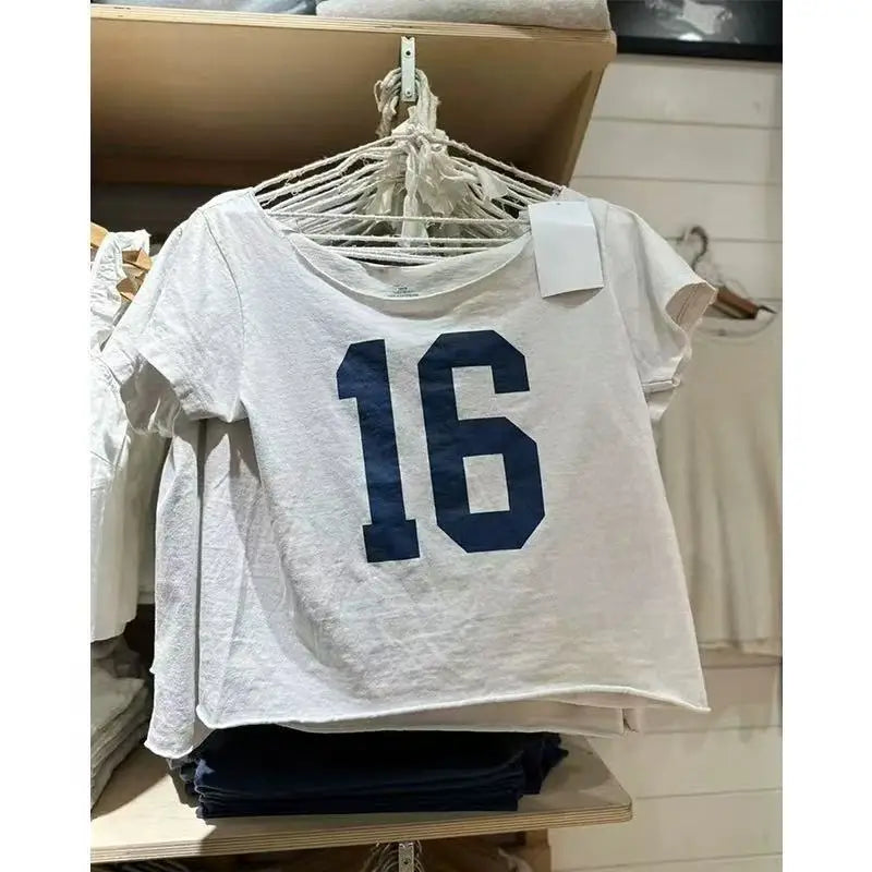 Guitar Print Slash Neck Crop Tops Women Summer New Streetwear Cotton Slim Raw Hem Short Sleeve Tee Sweet Vintage Cute T-shirts
