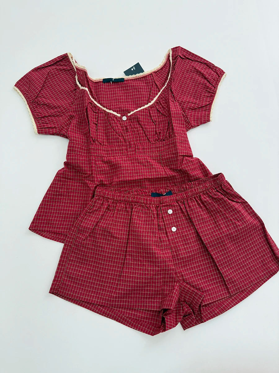Blue Striped Blouse T-shirt Short Set Women Summer Buttons Slim Tees+Straight Sweatshorts Outfits Sweet Home Pajama 2 Piece Sets