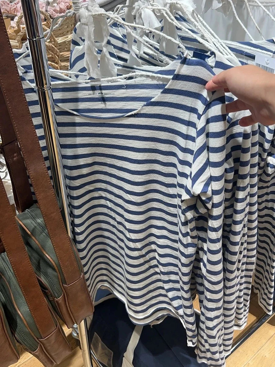 Chic New Navy Striped Long Sleeve T-shirt Woman Autumn Cotton Sexy Slash Neck Raw Hem Tees Casual Vintage Streetwear Y2K Tshirts