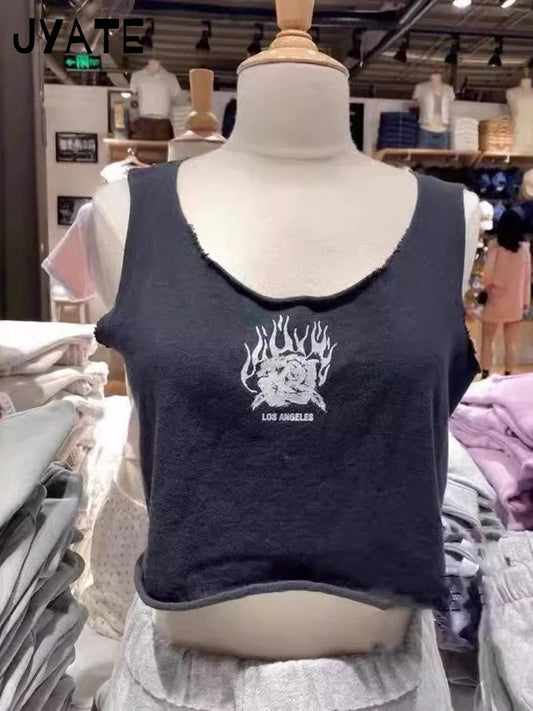 Harajuku Rose Print Raw Hem Crop Tops Women Summer New O-neck Cotton Soft Streetwear Cropped Vests American Casual Tank Tops Y2K
