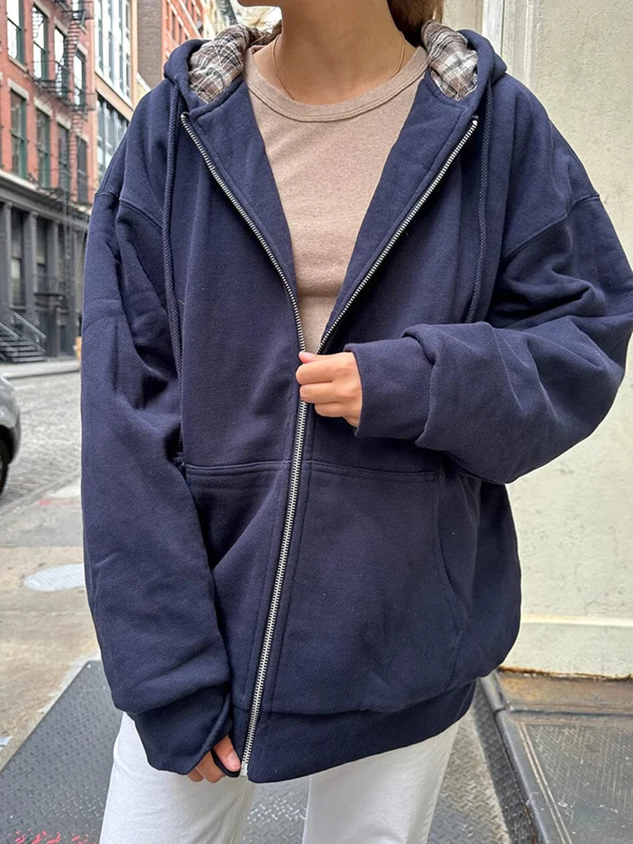 Vintage Plaid Print Thick Hoodie Coat Women Autumn Pockets Zip-up Drawstring Classic Pullover Tops Harajuku Y2K Chic Sweatshirts