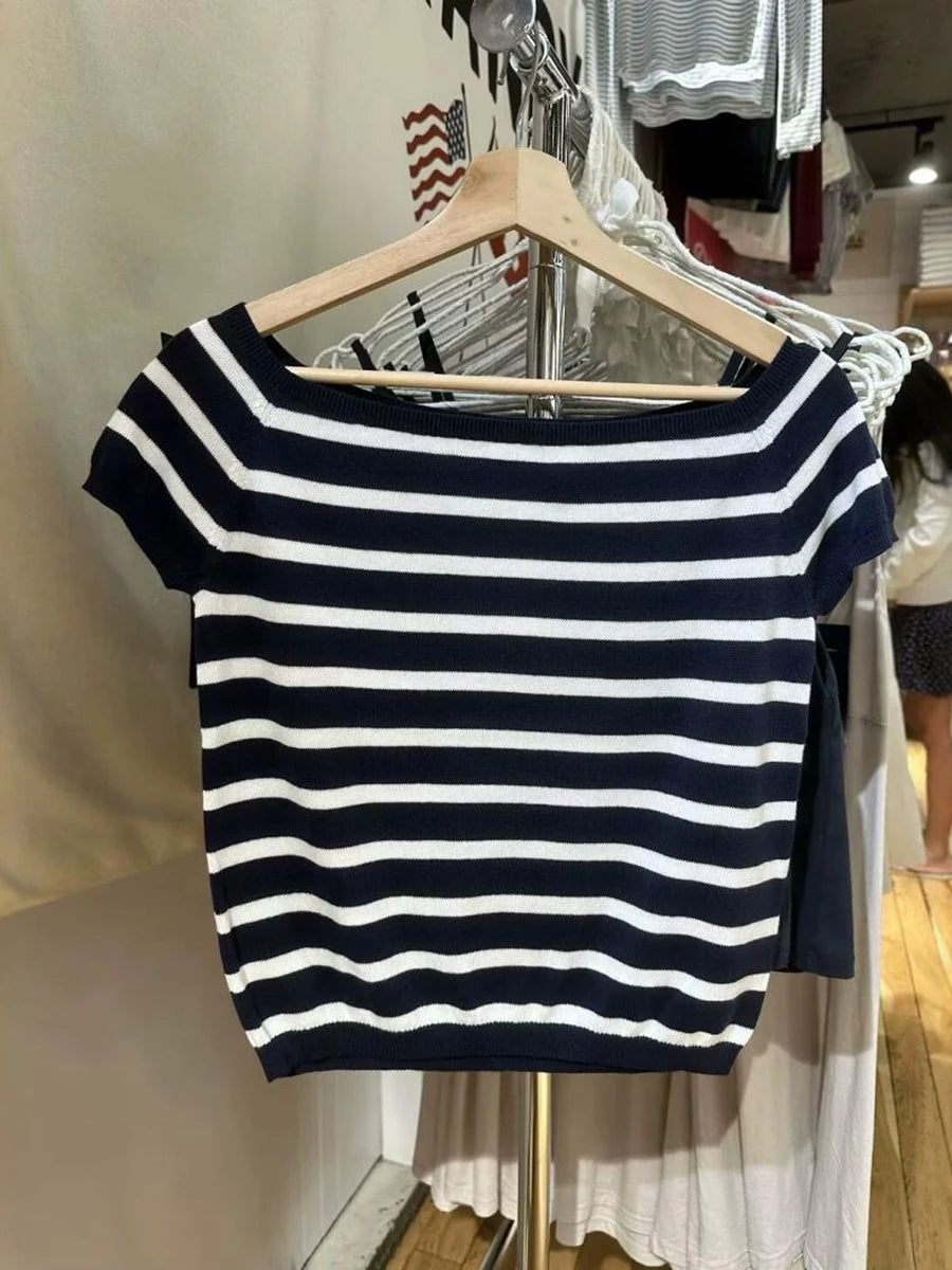 Square Neck Striped Knitted Crop Tops Women Summer Casual Slim Sweater Short Sleeve Tops Vintage Chic Preppy Style T-shirts Y2k