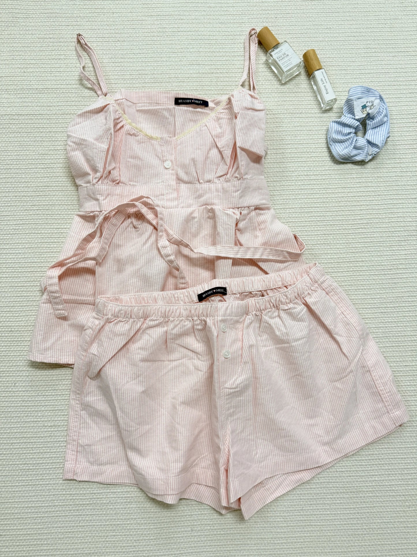 Pink Striped Lace Trim Tank Shorts Set Suit Women New Button Camisole +Elastic Waist Short Pant Sweet Cute Home 2 Piece Sets Y2K