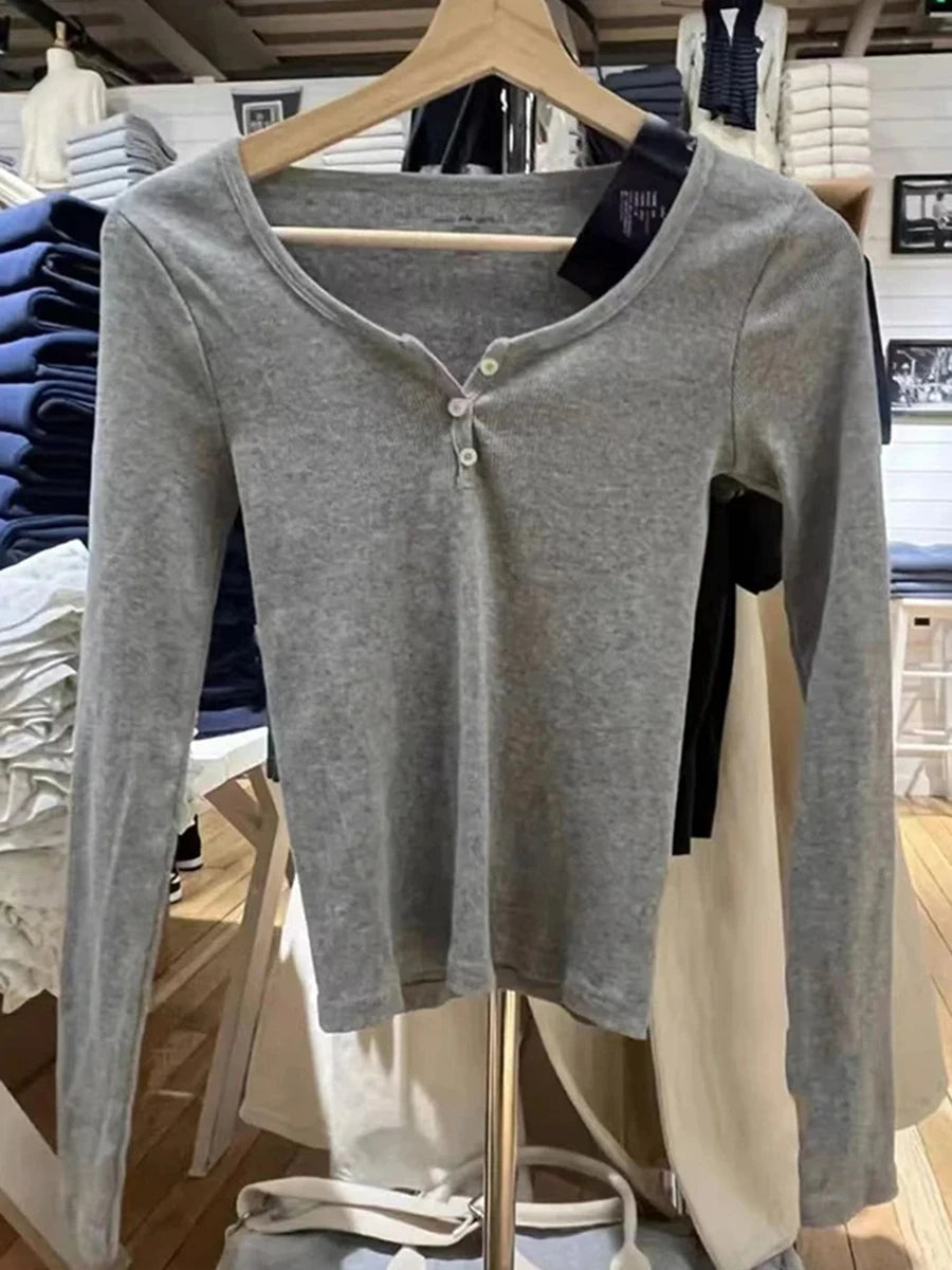 Sweet Solid Button Ribbed T-shirts Women Autumn Cotton Soft Elegant Long Sleeve Tees Female Chic Streetwear Basic Tops Clothes
