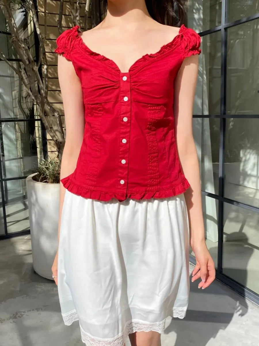 Vintage Red Folds Blouse Top Women Casual Single Breasted Ruffle Sleeveless Tank Tops Vest Girls Sweet Preppy Style Camisole Y2K