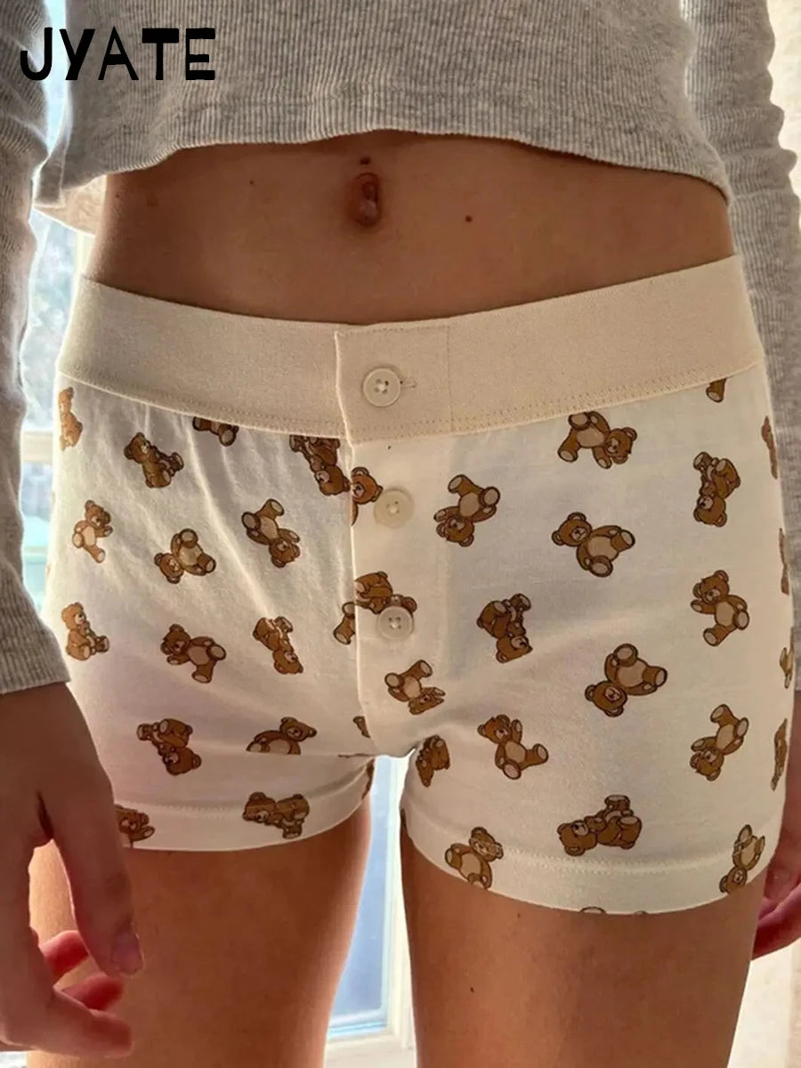 Little Duck Print Patchwork Short Pants Women New Cotton High Waist Buttons Straight Home Underwear Sweet Cute Casual Shorts Y2K