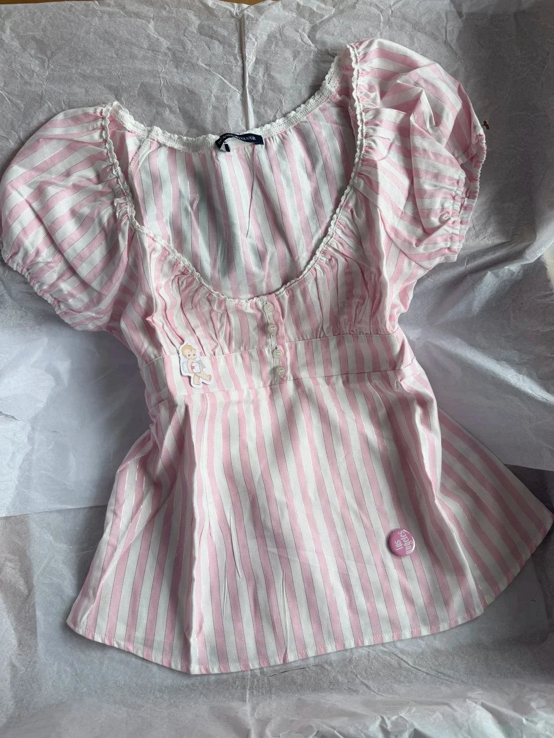 Pink Striped Silver Line Blouse Sets Women Lace Trim Casual Camisole+Drawstring Short Pants Sweet Cute Home Outfits Collection