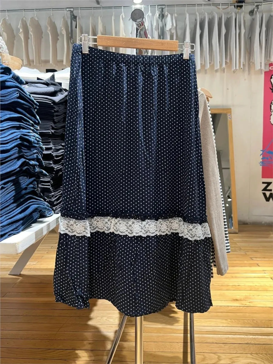 Navy Polka Dot Midi Skirt Women Summer Casual Lace Ruffles Patchwork A-line Long Faldas Female Sweet Vintage Preppy Style Skirts