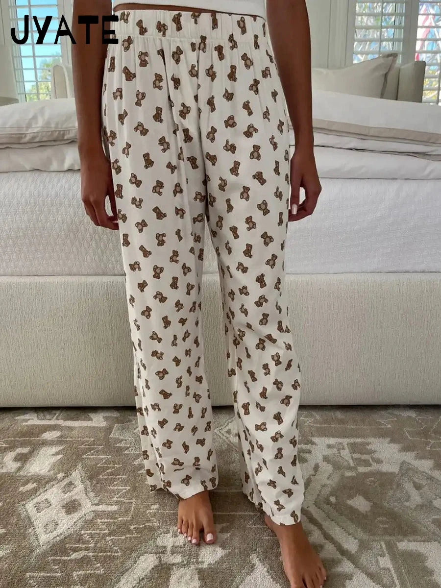 Little Yellow Duck Print Long Pants Women New Cotton Casual Elastic High Waist Straight Trouser Sweet Chic Cute Home Pant Y2K
